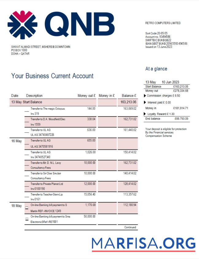 Blank QNB Bank company account statement Word and PDF template